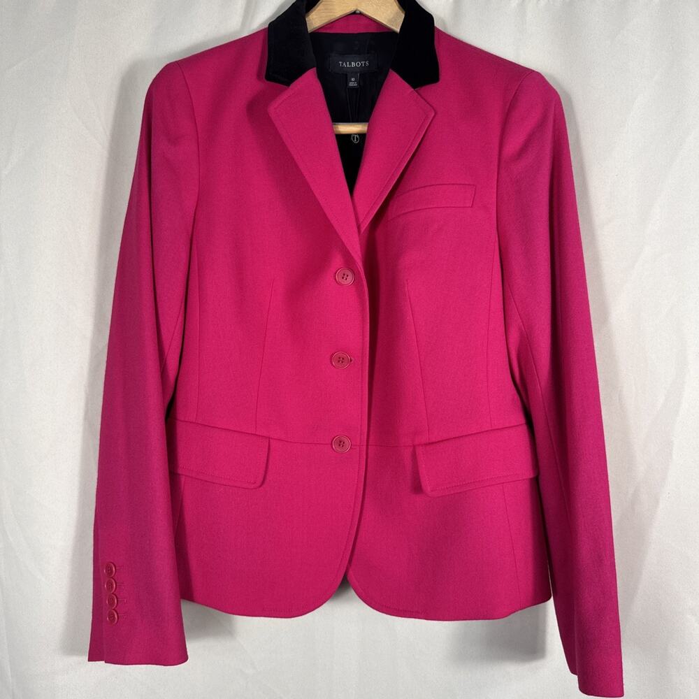 Talbots Womens 10 Pink Wool Peplum Blazer Marzotto Italy Black Collar NWT